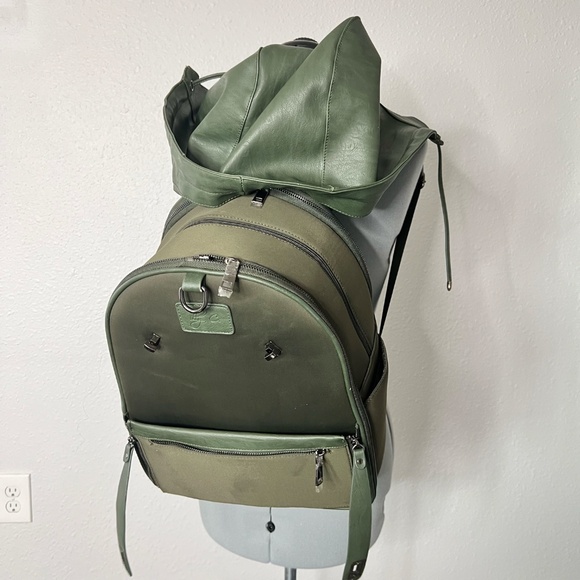 Celebrity Favorite Backpack With Leather Hood Army Green Lots Of Pockets - Picture 1 of 6